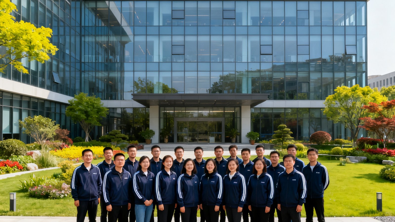 MILE米乐集团总部团队在办公楼前合影，约六十位员工身着统一运动装，背景为现代玻璃幕墙建筑与绿植庭院