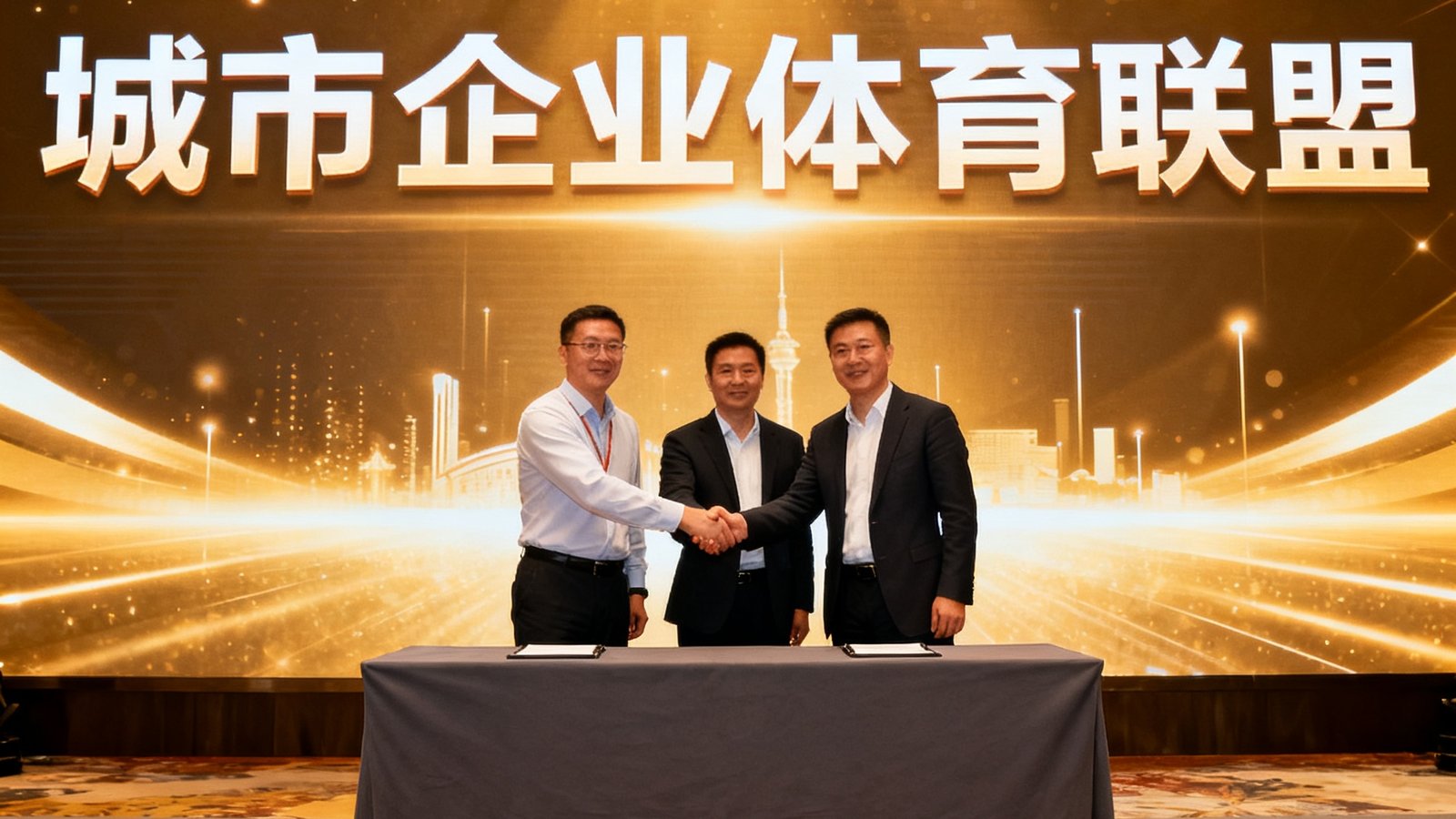 三位企业代表和米乐负责人在签约台上握手，背景是城市企业体育联盟的巨型启动屏幕